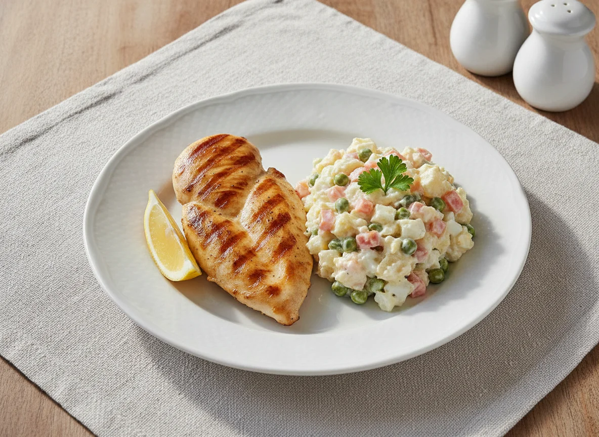 Pollo a la plancha con ensaladilla rusa photo