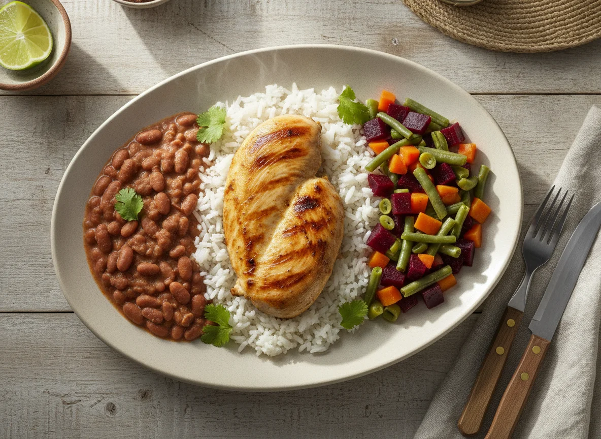 Pollo a la plancha con frijol castilla, arroz y ensalada cocida photo