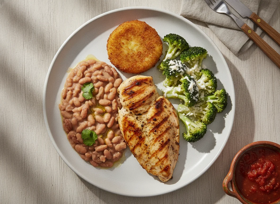 Pollo a la plancha con frijoles, brócoli y tortita de papa photo