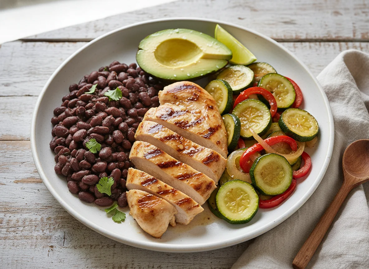 Pollo a la plancha con frijoles, calabacitas y aguacate photo