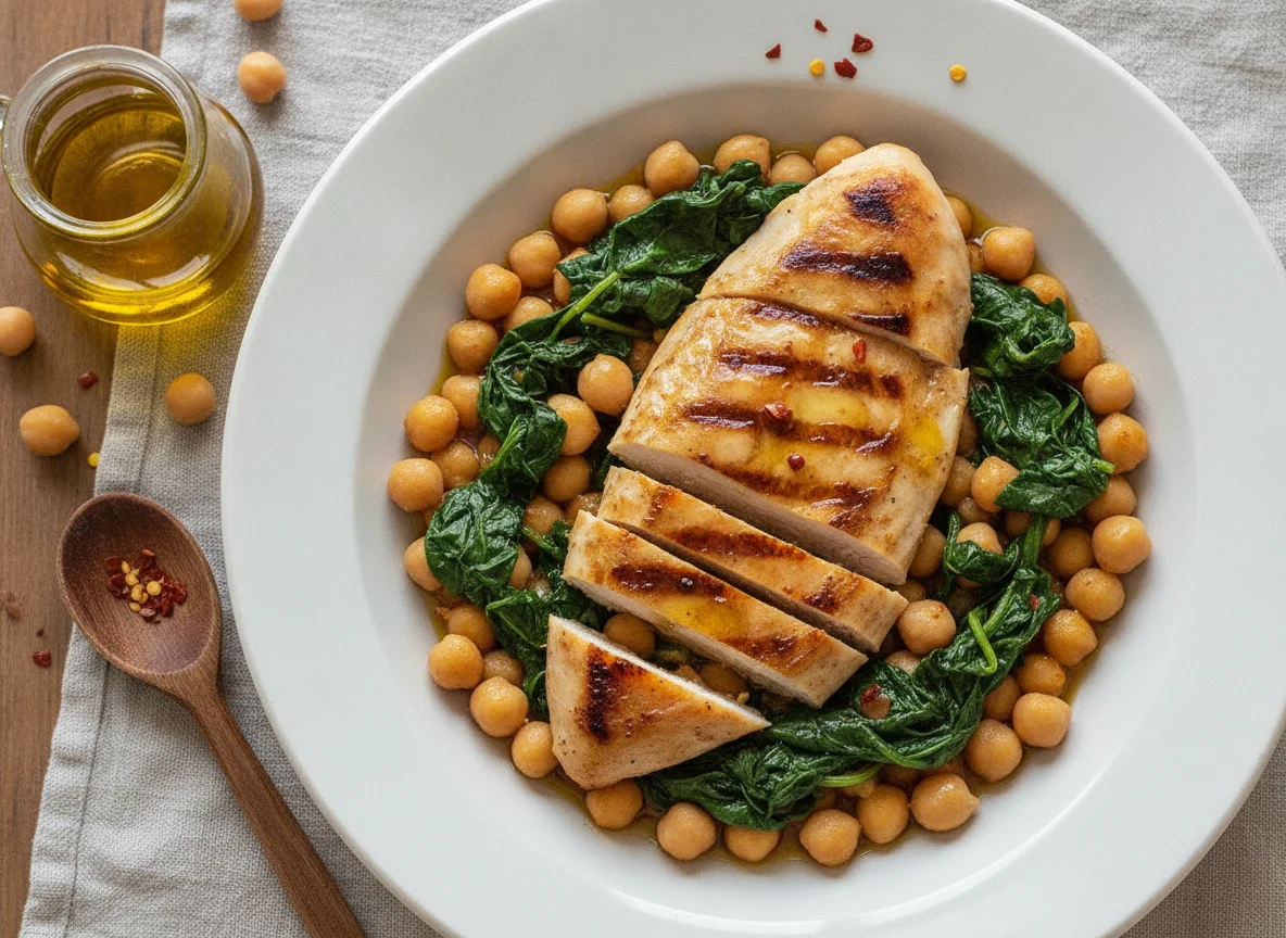 Pollo a la plancha con garbanzos y espinacas photo