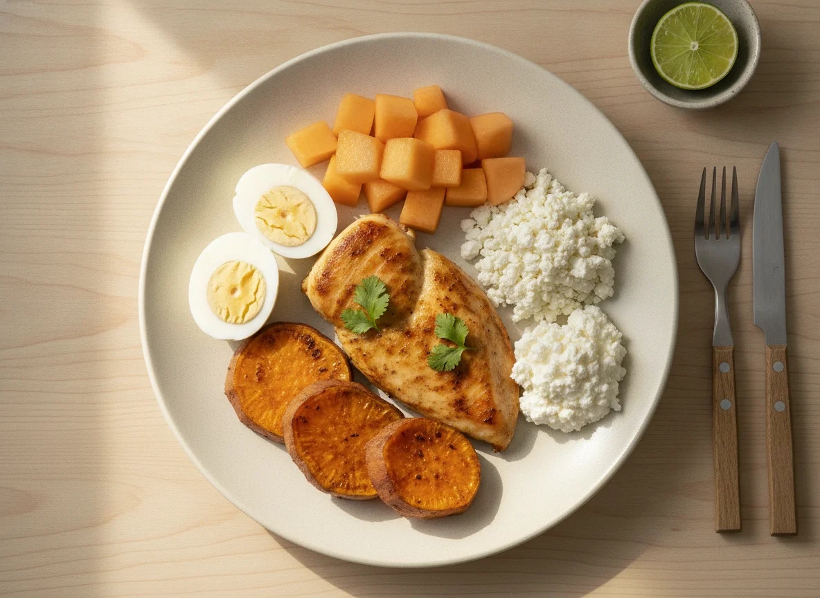 Pollo a la plancha con huevo, boniato, queso costeño y fruta photo