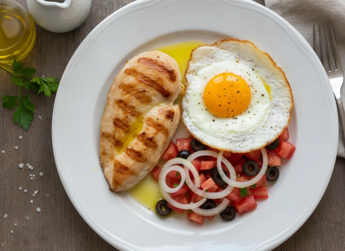 Pollo a la plancha con huevo frito y ensalada de tomate photo