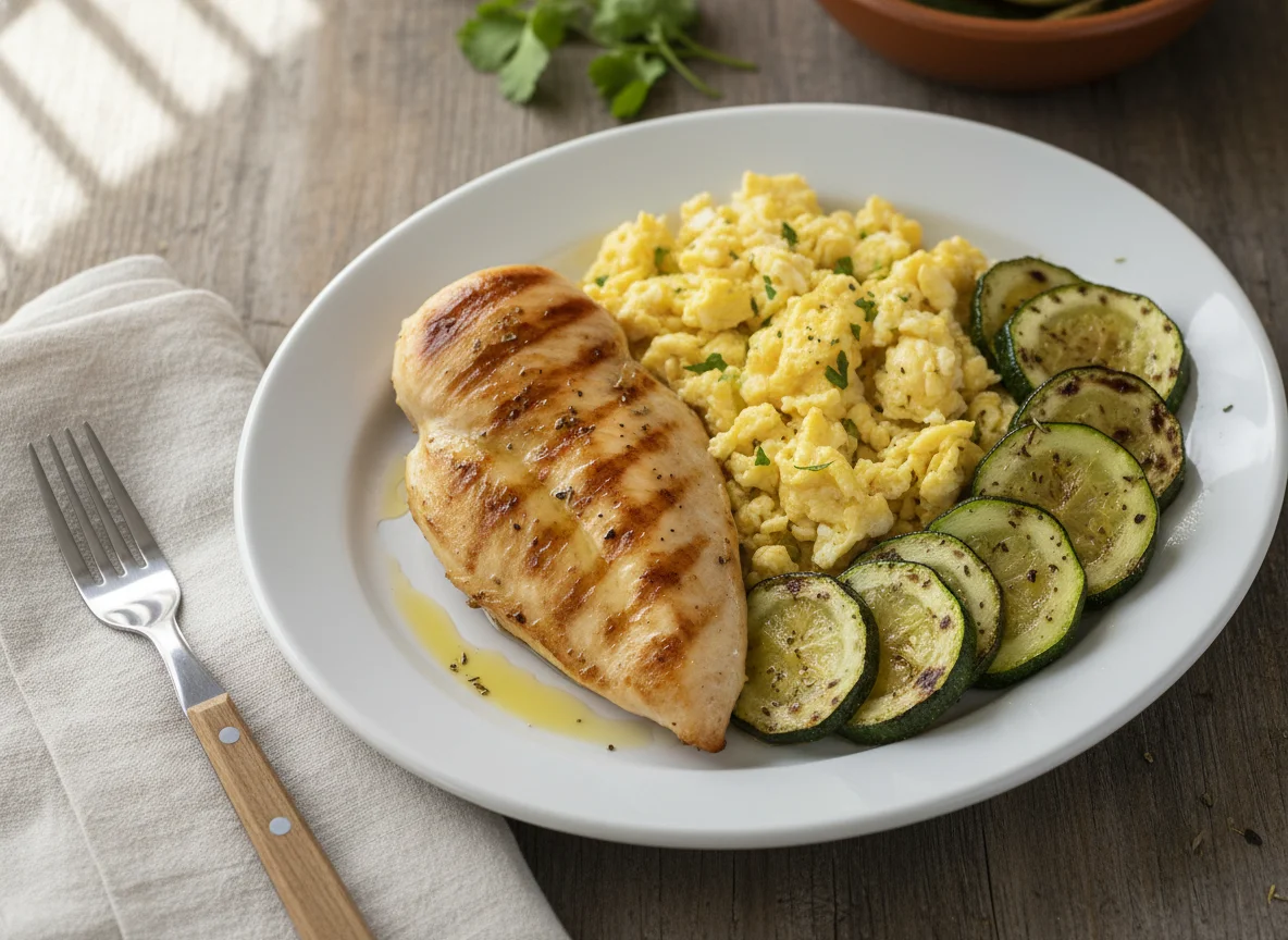 Pollo a la plancha con huevo revuelto y calabacitas photo