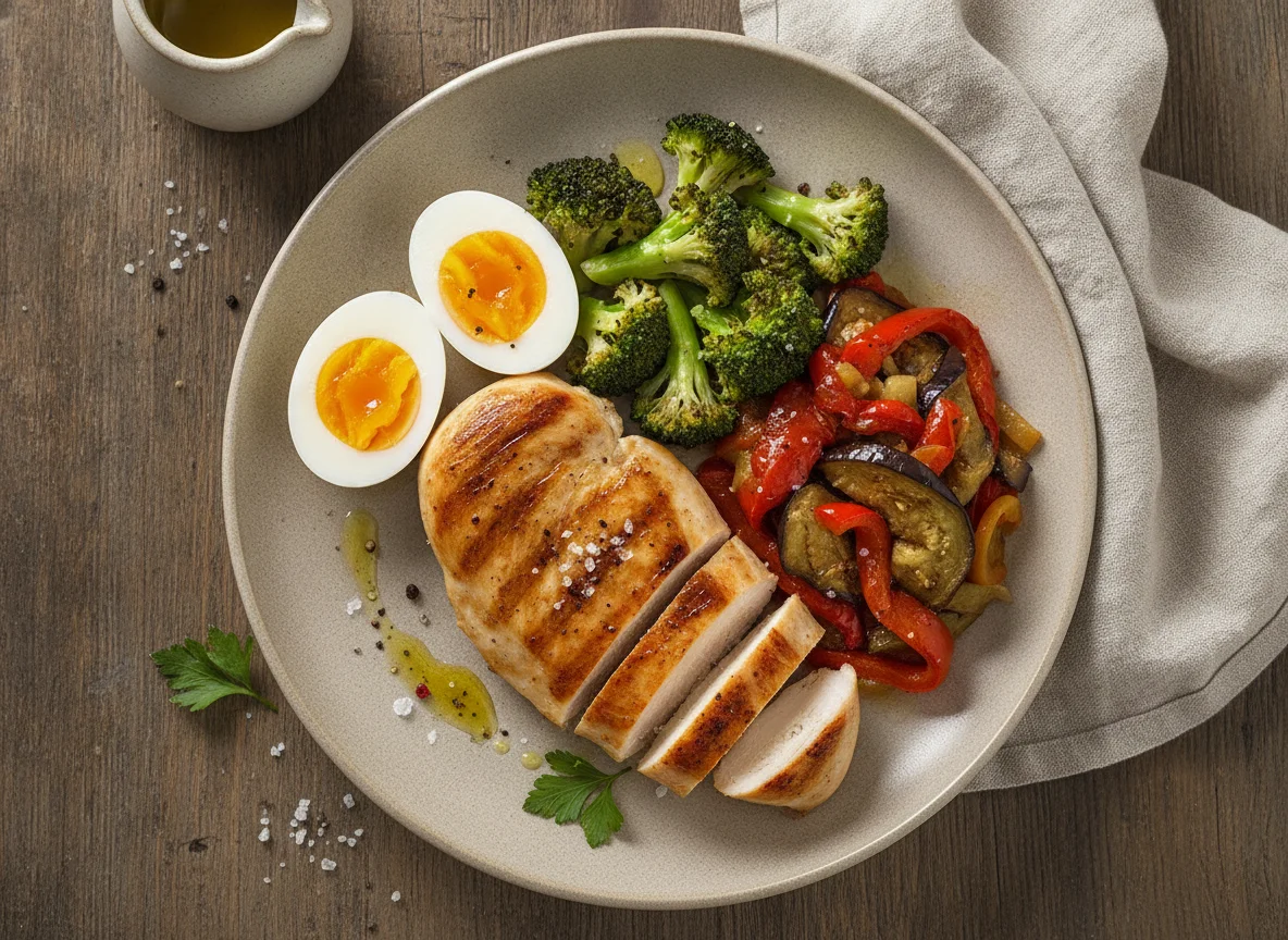 Pollo a la plancha con huevos cocidos, brócoli y escalivada photo
