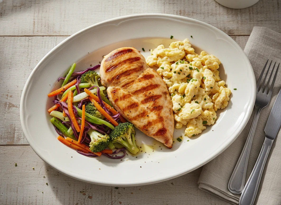 Pollo a la plancha con huevos revueltos y vegetales salteados photo