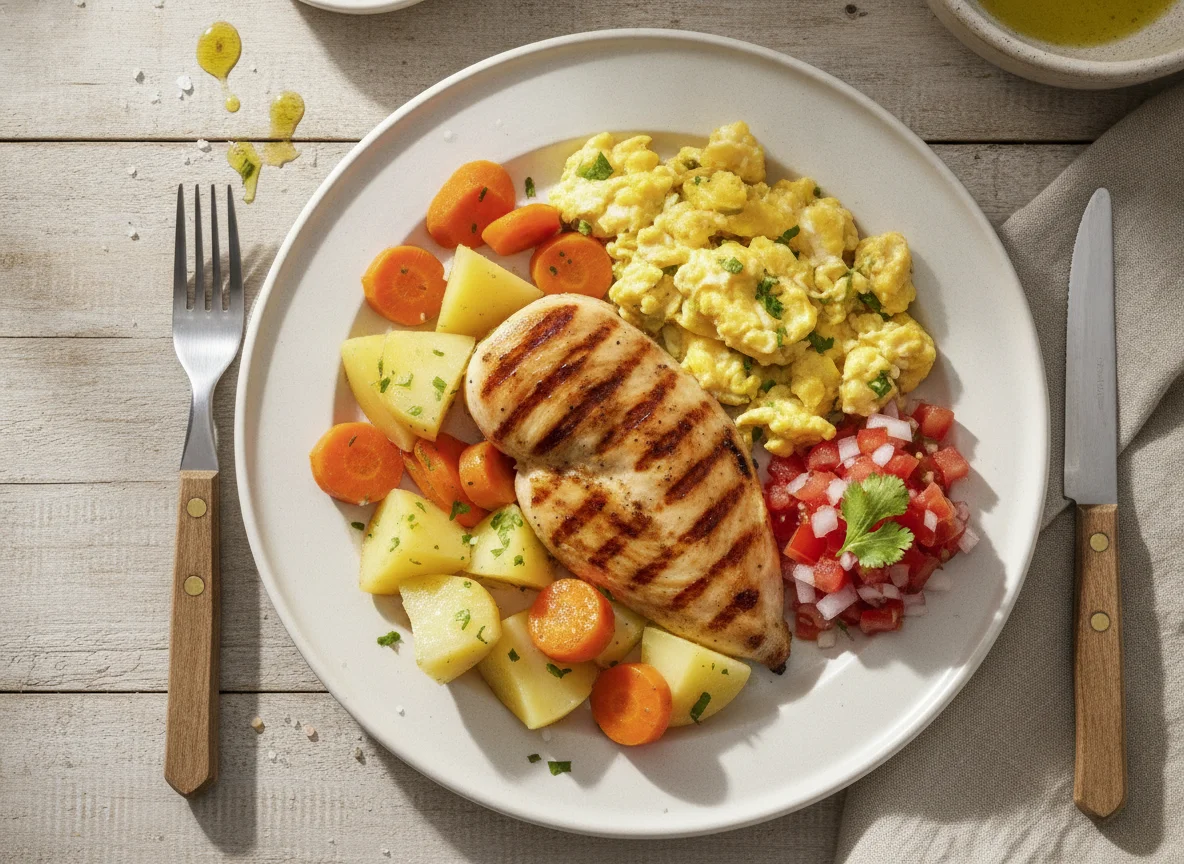 Pollo a la plancha con huevos revueltos y verduras photo