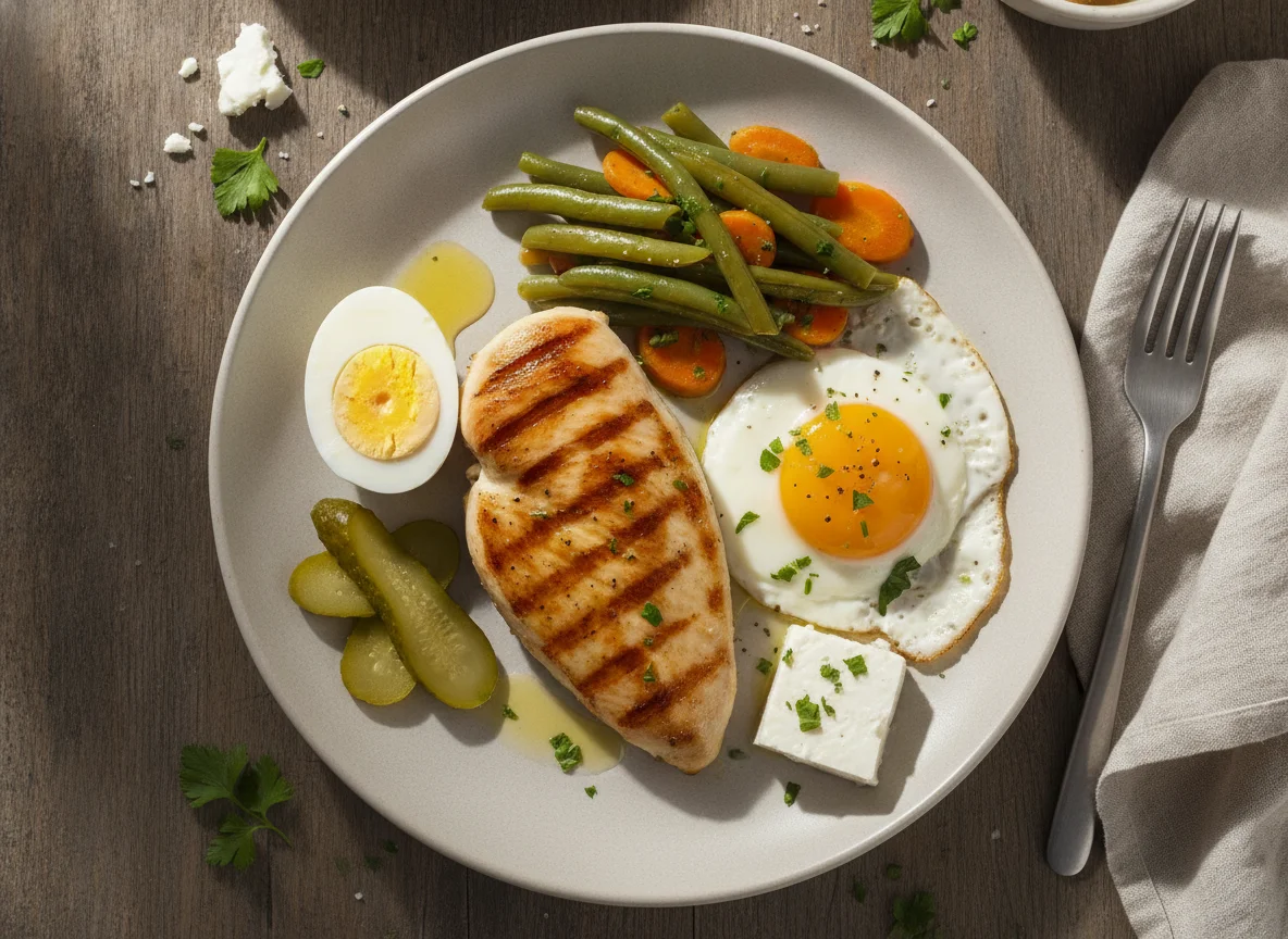 Pollo a la plancha con huevos y verduras photo