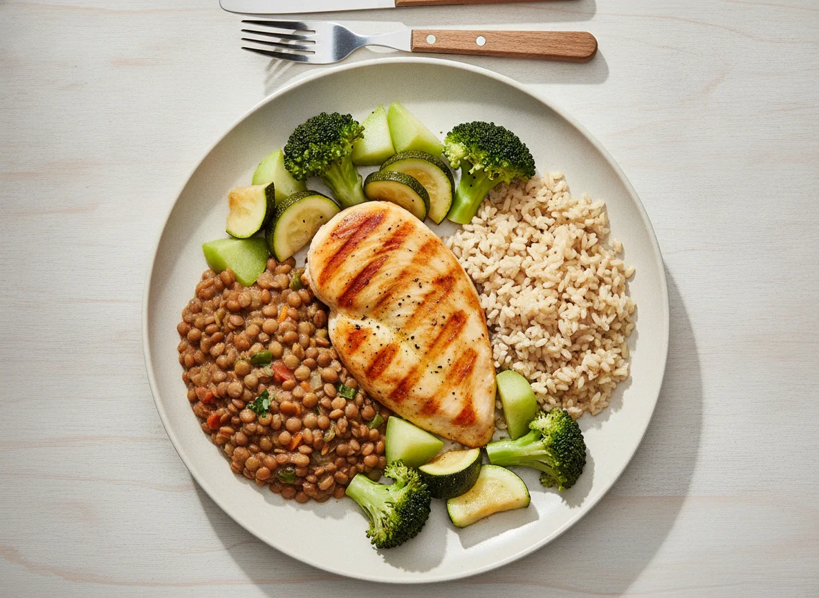 Pollo a la plancha con lentejas, arroz integral y vegetales photo
