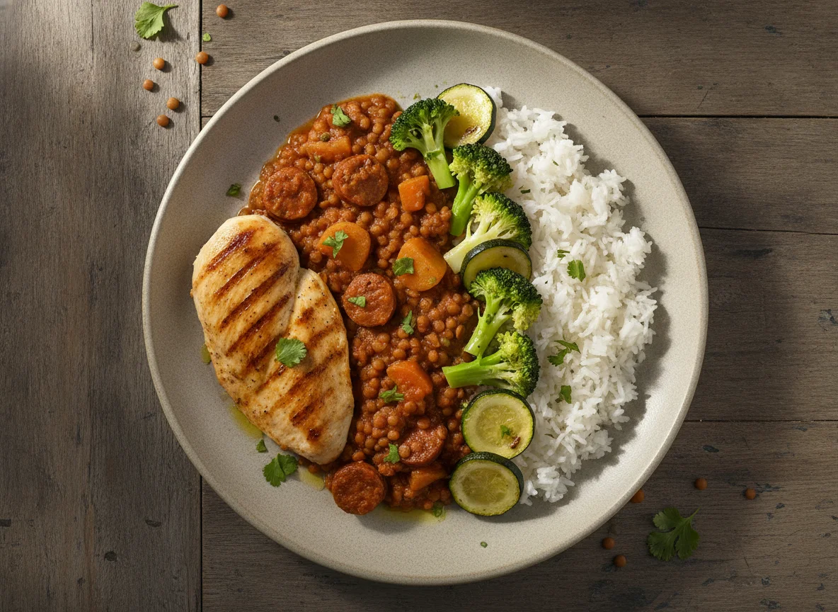 Pollo a la plancha con lentejas, arroz y brócoli photo