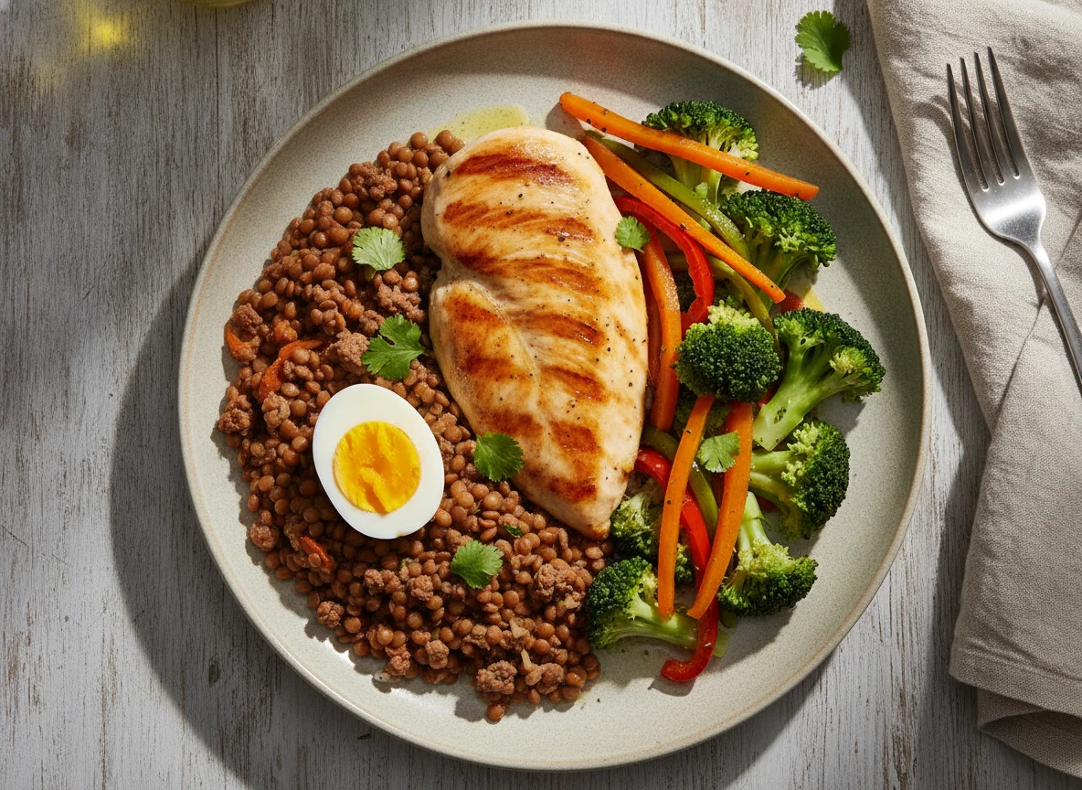 Pollo a la plancha con lentejas, carne molida, vegetales y huevo photo