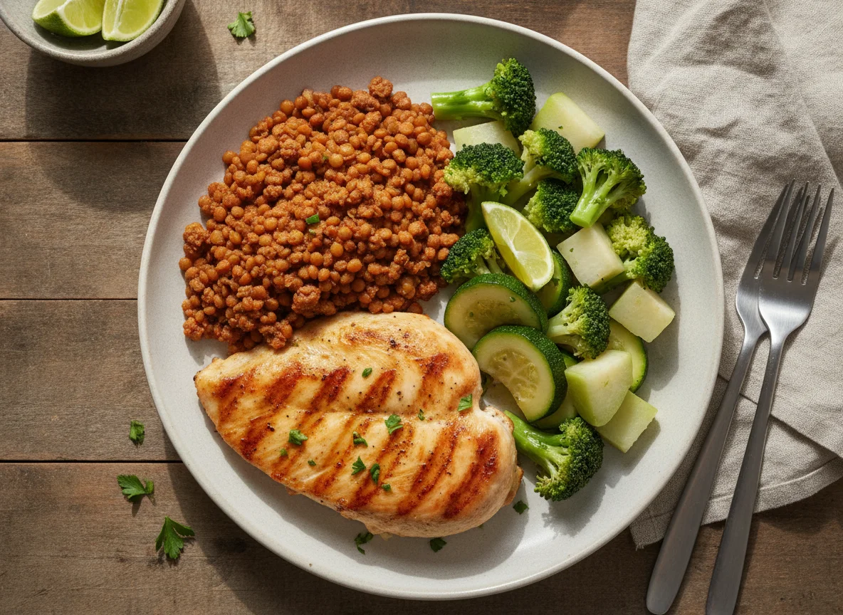 Pollo a la plancha con lentejas, carne molida y vegetales photo
