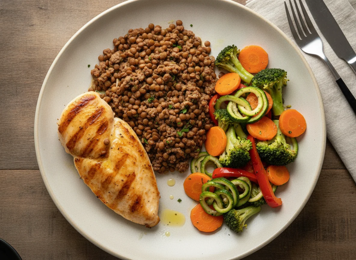 Pollo a la plancha con lentejas con carne molida y vegetales salteados photo