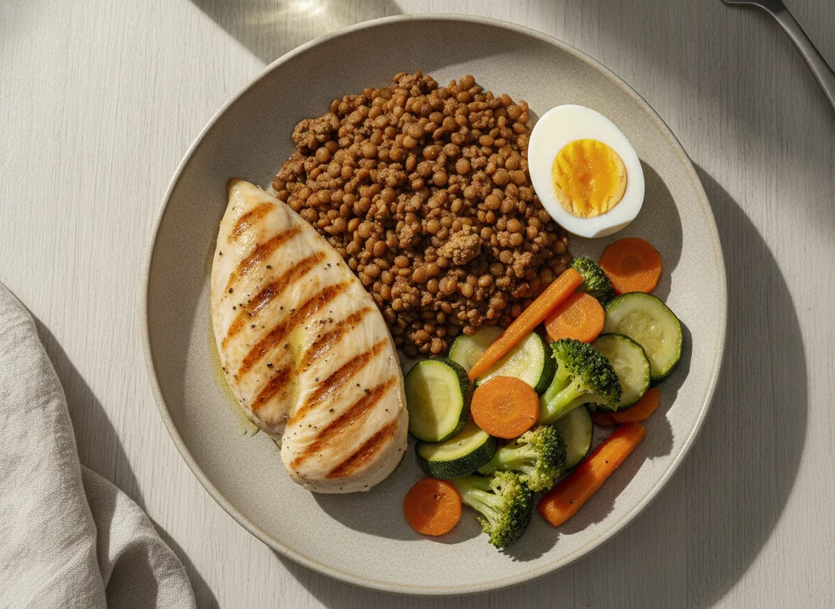 Pollo a la plancha con lentejas, huevo y vegetales salteados photo