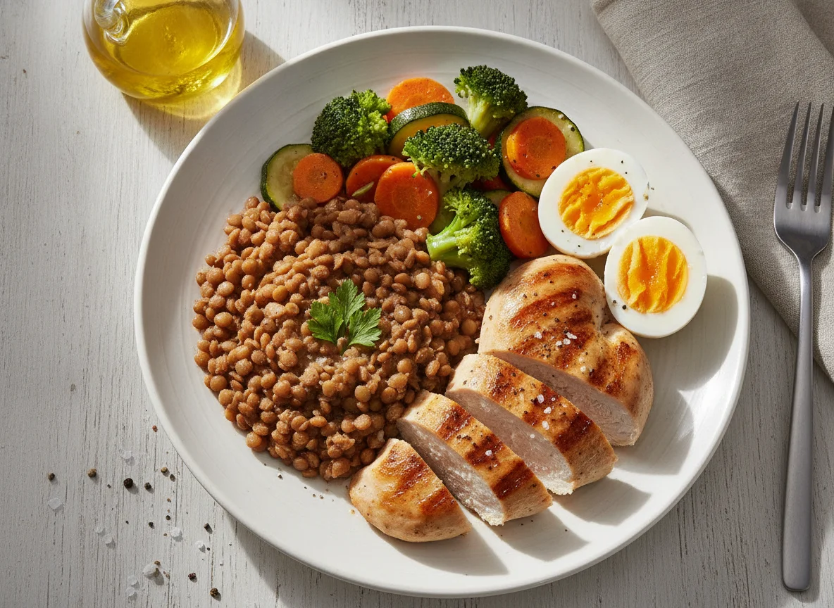 Pollo a la plancha con lentejas, huevos y vegetales photo