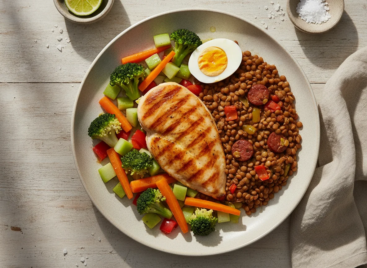 Pollo a la plancha con lentejas, vegetales y huevo duro photo