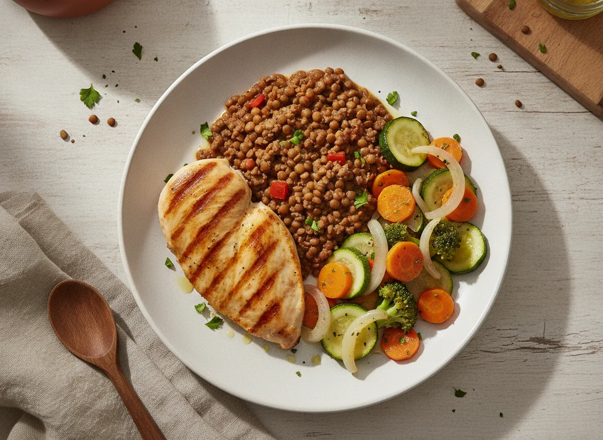 Pollo a la plancha con lentejas y vegetales salteados photo