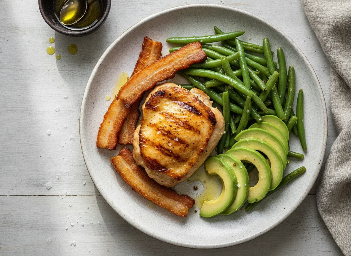 Pollo a la plancha con panceta, judías verdes y aguacate photo