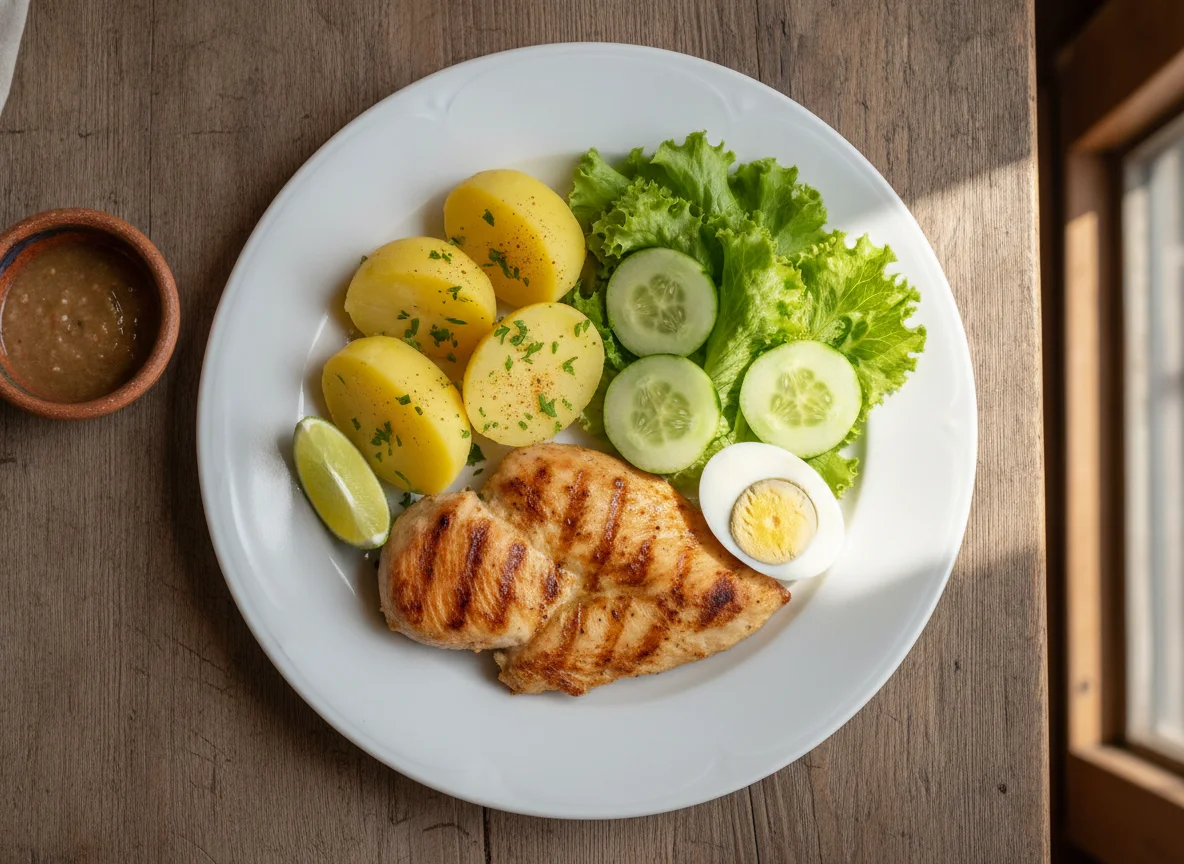 Pollo a la plancha con papa, huevo y ensalada photo