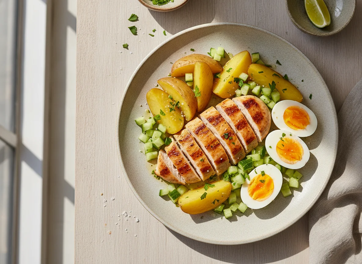 Pollo a la plancha con papa, huevo y pepino photo
