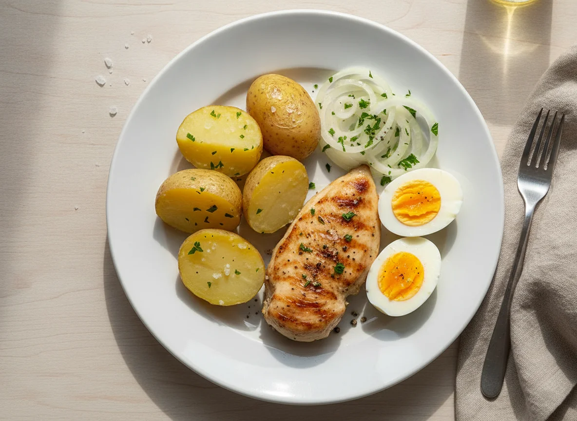 Pollo a la plancha con papa y huevo photo