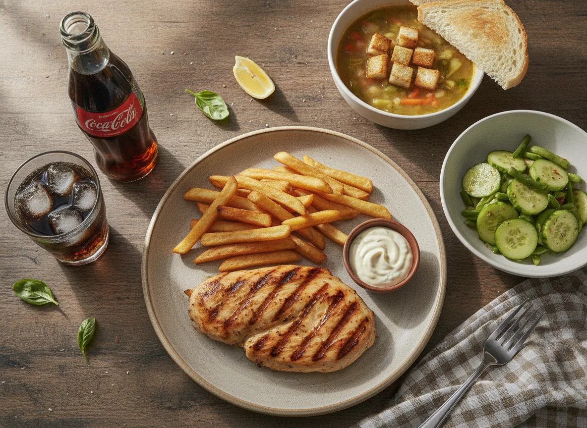 Pollo a la plancha con papas fritas, ensalada y sopa photo