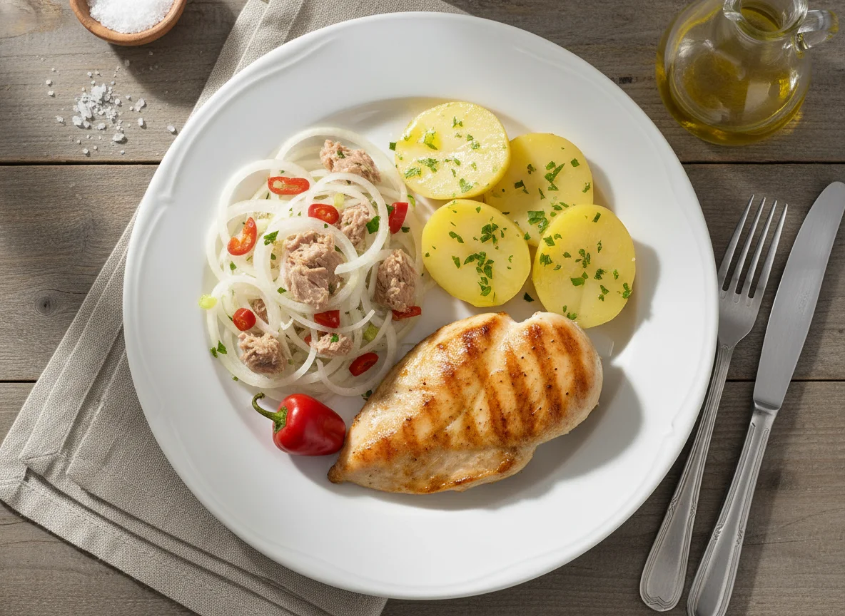 Pollo a la plancha con papas y ensalada de cebolla y atún photo