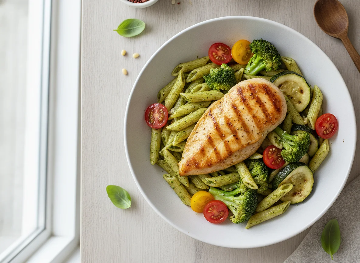 Pollo a la plancha con pasta al pesto y vegetales photo
