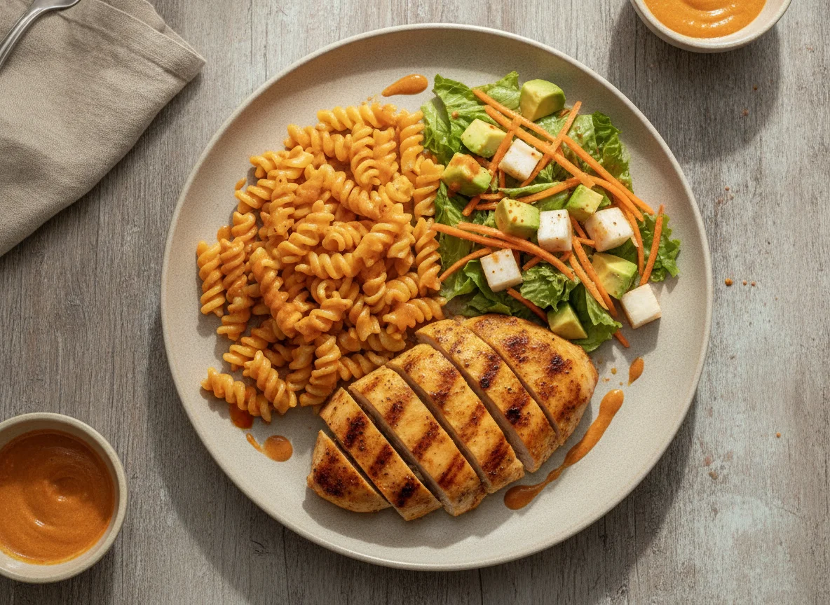 Pollo a la plancha con pasta fusilli y ensalada mixta photo