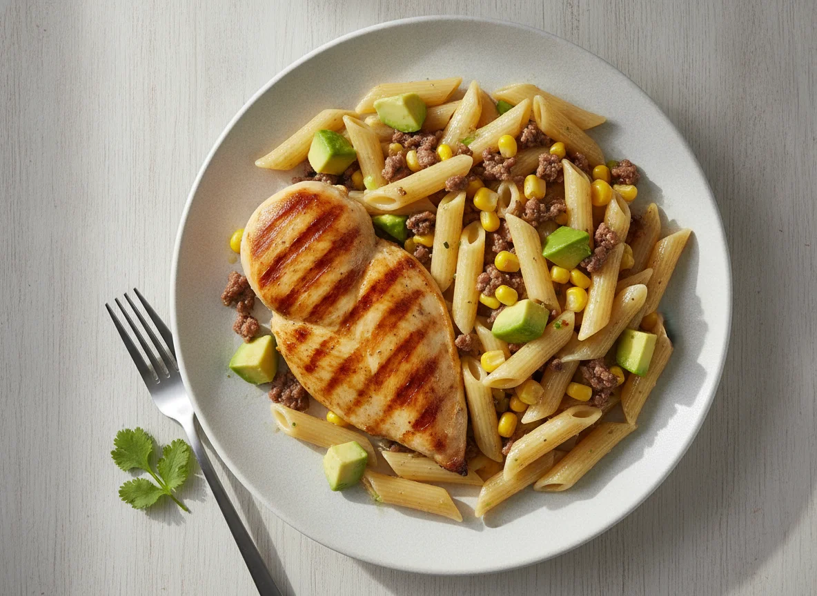 Pollo a la plancha con pasta y aguacate photo