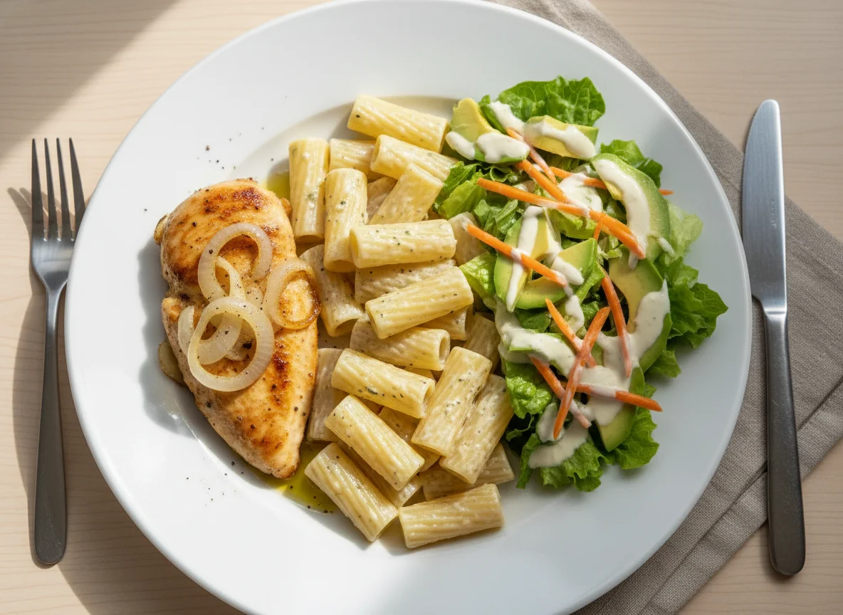 Pollo a la plancha con pasta y ensalada de aguacate photo