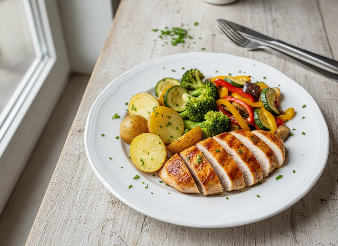 Pollo a la plancha con patatas, brócoli y verduras salteadas photo