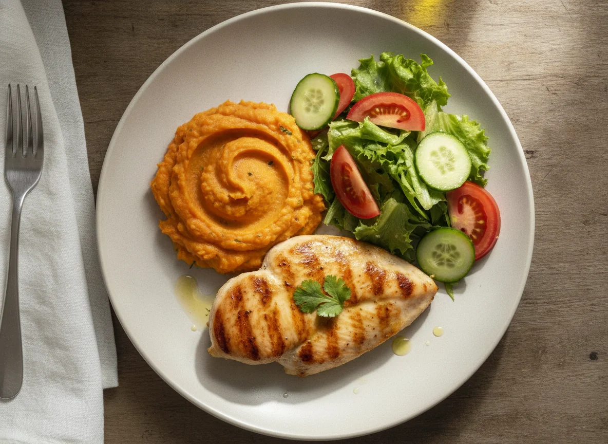 Pollo a la plancha con puré de batata y ensalada photo