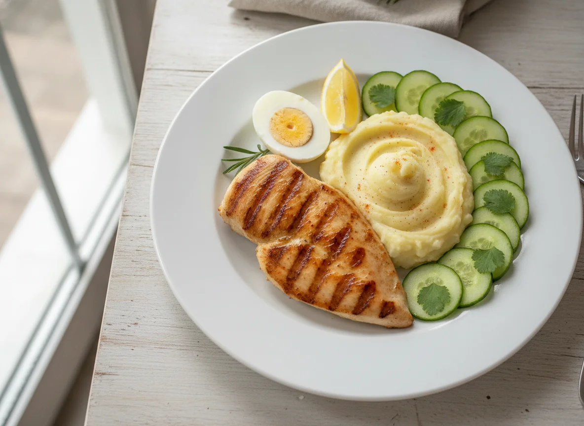 Pollo a la plancha con puré de papa, huevo duro y pepino photo