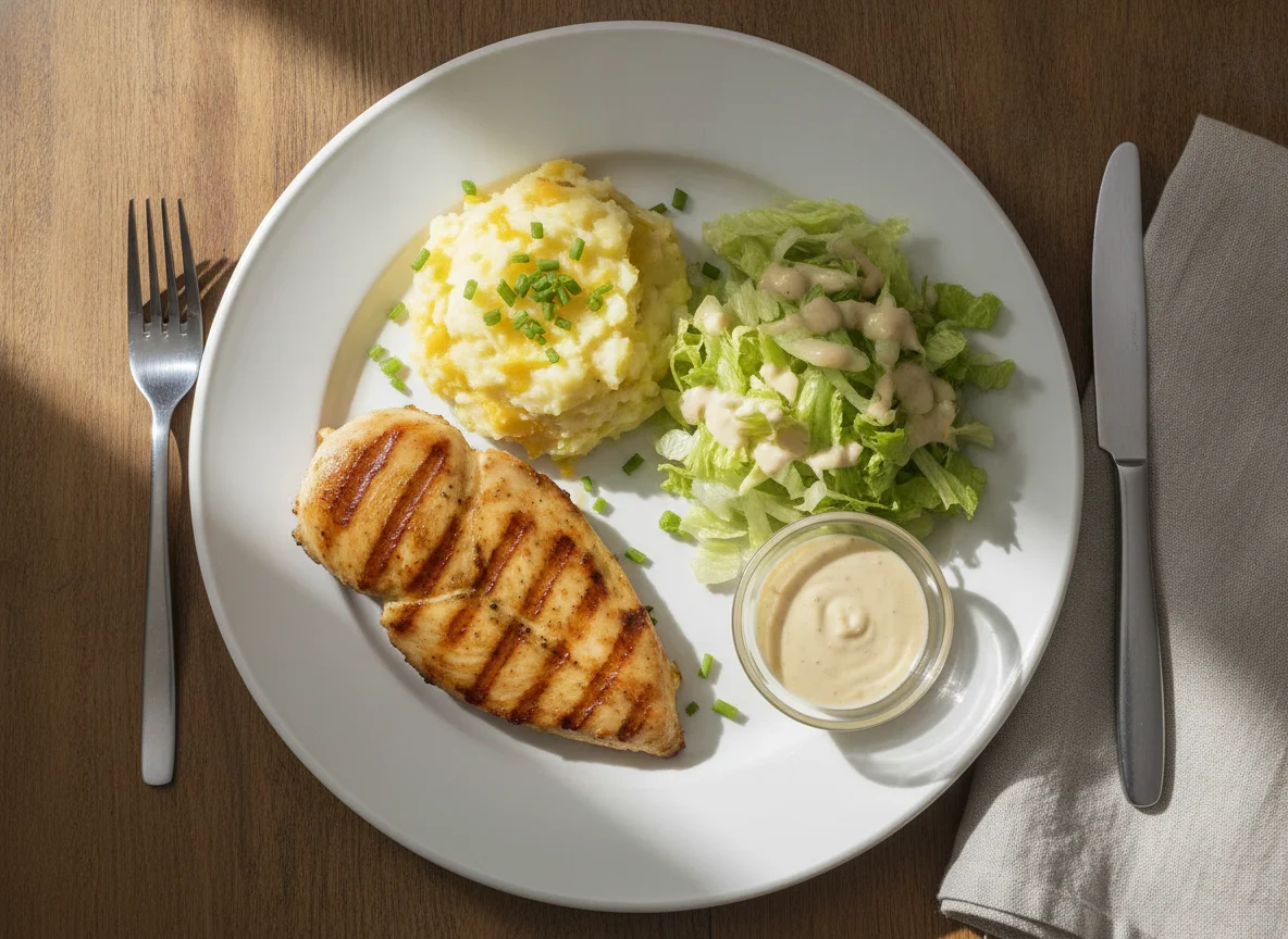Pollo a la plancha con puré de papa y ensalada photo