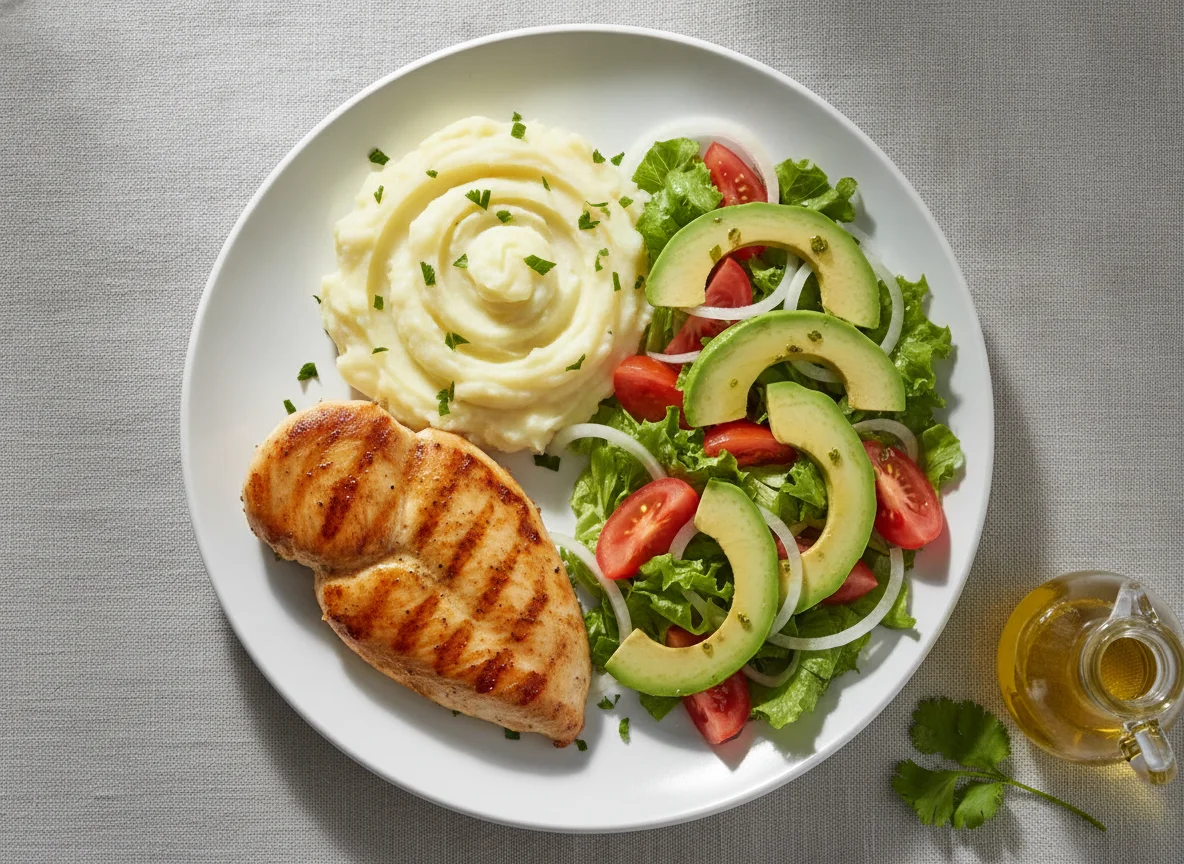 Pollo a la plancha con puré de papa y ensalada de aguacate photo