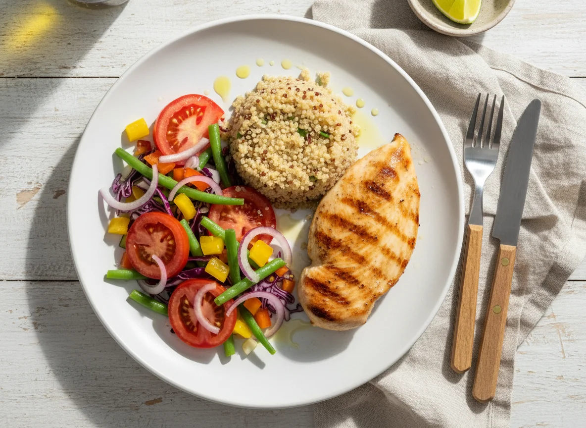 Pollo a la plancha con quinoa y ensalada de verduras photo