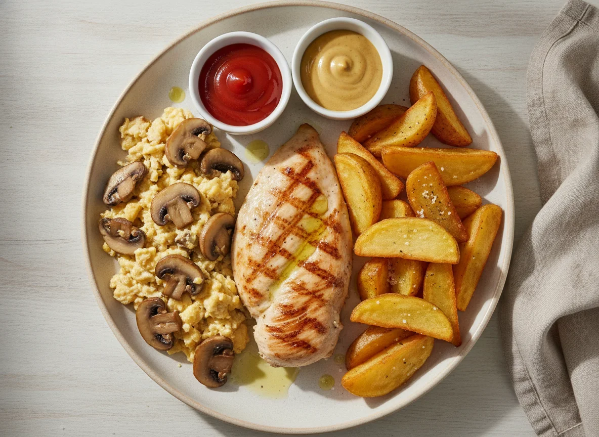 Pollo a la plancha con revuelto de champiñones, patatas gajo y salsas photo