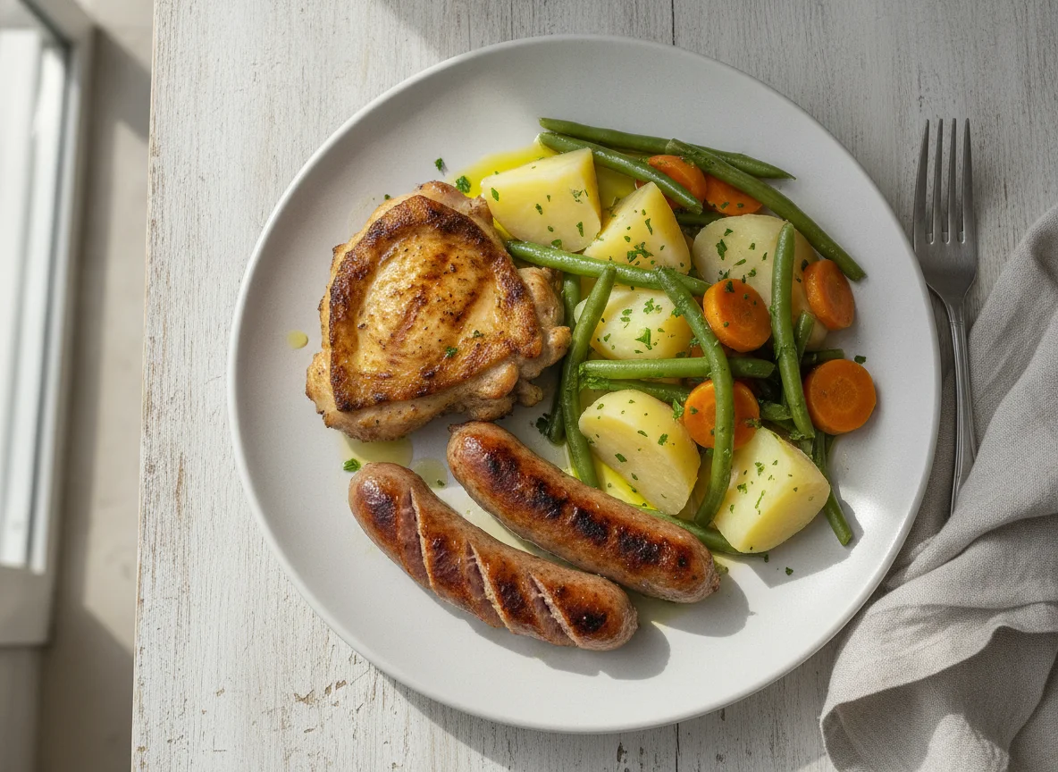 Pollo a la plancha con salchicha y menestra de verduras photo