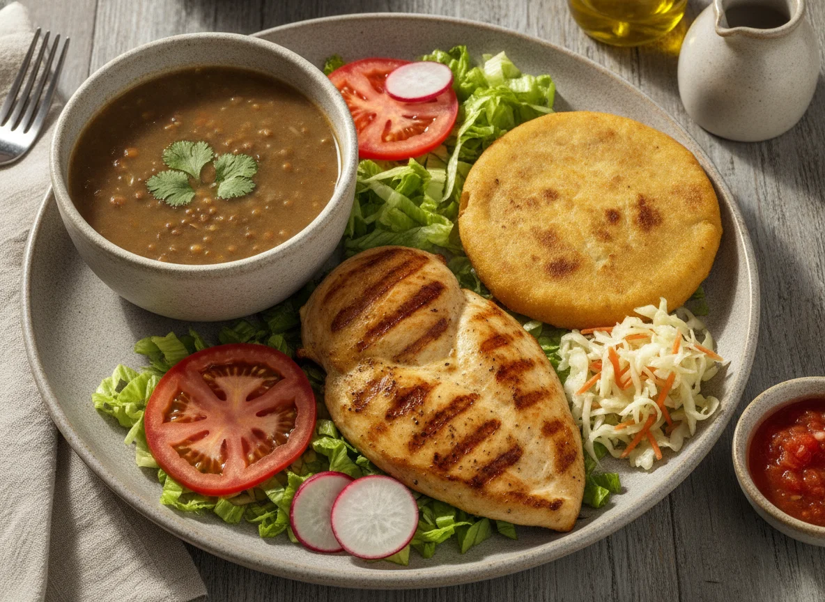 Pollo a la plancha con sopa de lentejas, ensalada y pupusa photo
