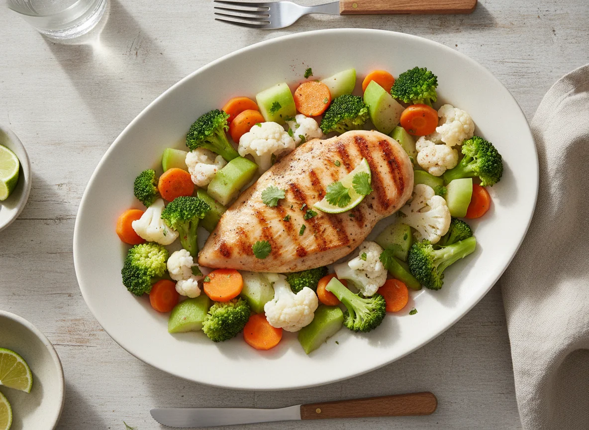 Pollo a la plancha con vegetales al vapor photo