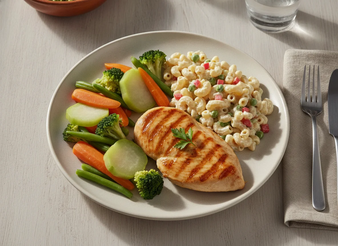 Pollo a la plancha con vegetales al vapor y ensalada de coditos photo