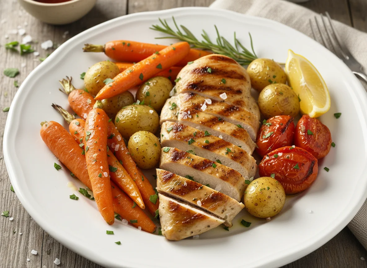 Pollo a la plancha con vegetales asados photo
