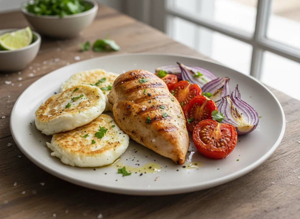 Pollo a la plancha con vegetales asados y claras de huevo photo