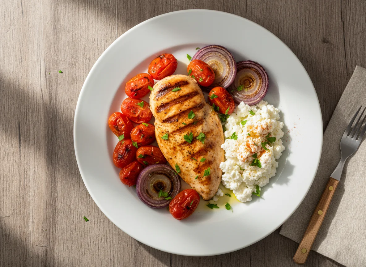 Pollo a la plancha con vegetales asados y queso cottage con claras de huevo photo