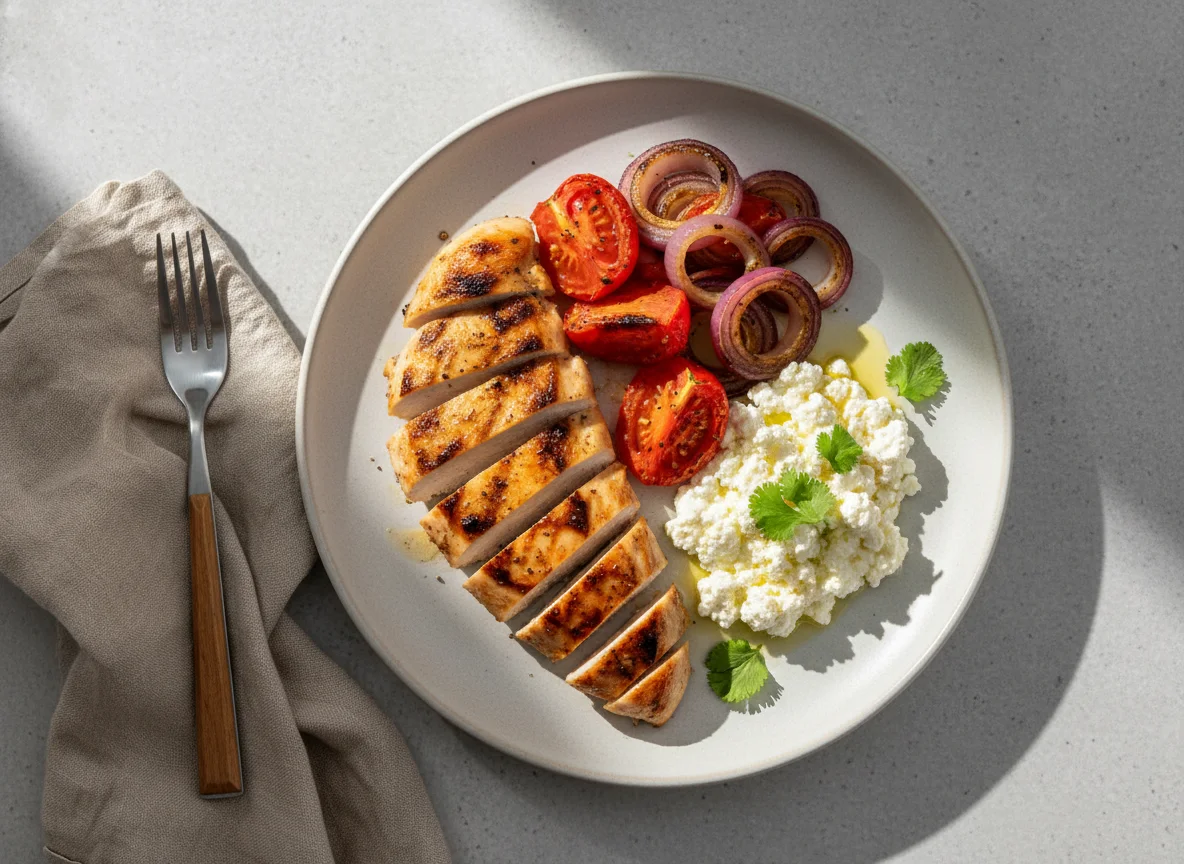 Pollo a la plancha con vegetales asados y queso cottage photo
