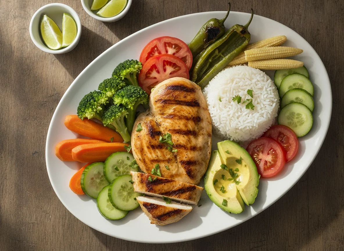 Pollo a la plancha con vegetales y arroz photo