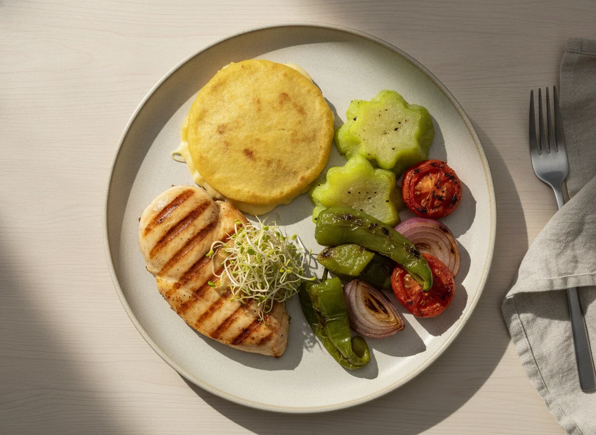 Pollo a la plancha con vegetales y pupusa photo