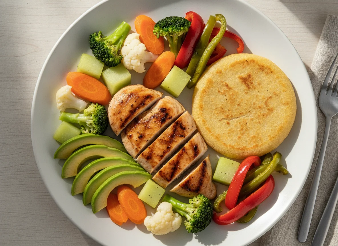 Pollo a la plancha con vegetales y pupusa de maíz photo