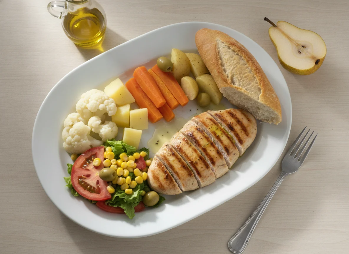 Pollo a la plancha con verduras hervidas, ensalada y fruta photo